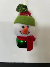 Snowman Hanging Ornament Green Bell & Red Scarf Fiber Plush Head Decorative