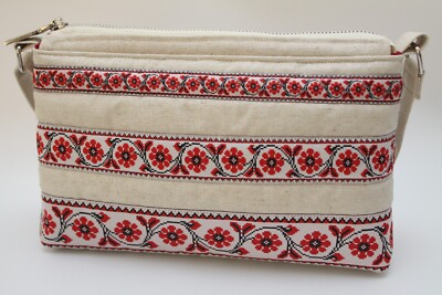 Women's Unique Beige Cotton Handbag Red Pattern Adjustable Strap Lined.