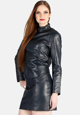 Women's 100% Real Lambskin Leather Top & Skirt Sexy Look Mini Ladies Dress Set