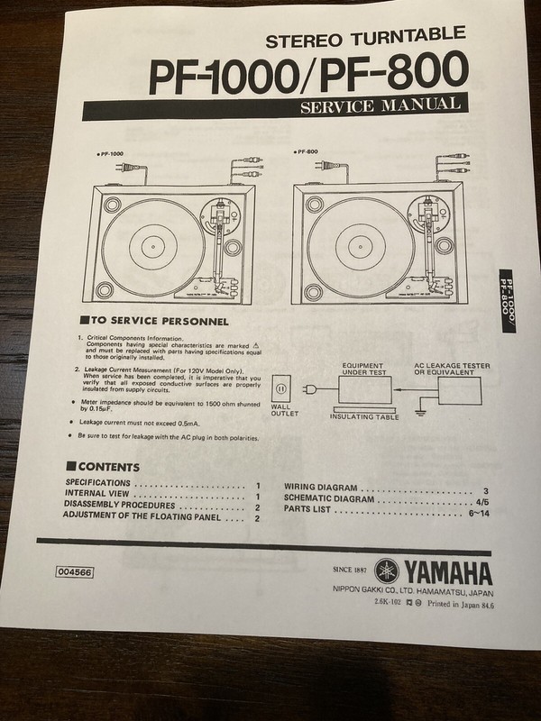 Yamaha PF-800 Turntable Service Manual Along With The Owners Operating Manual