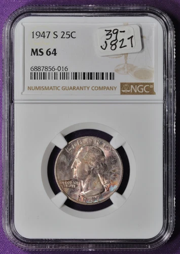 1947-s Washington Quarter.  Iridescent Toning.  IN NGC Holder.  MS 64.  j827