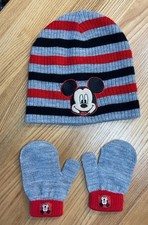 Disney Mickey Mouse Striped Beanie Hat And Mitten Set Kids