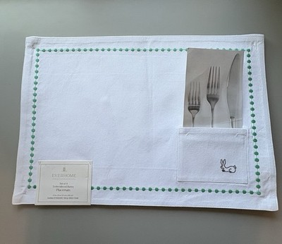 EverHome White Bunny Pocket Placemats set of 4 Easter Spring Embroidered New