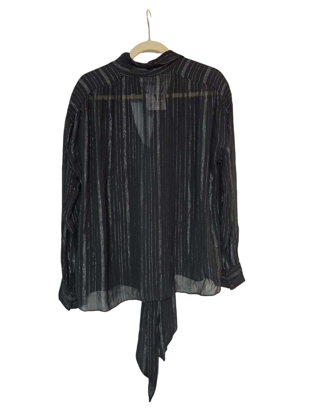 Zara ZW Collection Metallic Thread Semi-sheer Tie Neck Blouse Black Sz M NWT image 3