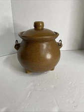 Brown Footed Stoneware Crock Bean Pot/Kettle Cauldron Handle