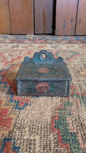 Antique Early Primitive Metal Tin Folky Tole Match Holder Orig Paint 3.25"