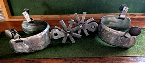 Vintage Pair of Heavy-Duty Engraved Charro Spurs  w/ Spur sharps.