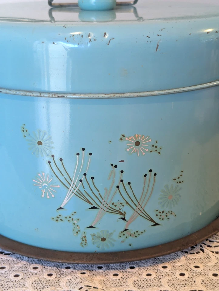 Portador de Pasteles Robins Huevo Azul Años 50 De Colección con Diseño Floral Dorado y Blanco Apagado Foto 3 de 4