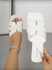 Fashion Women's White Slip-On Lightweight Flat Sandals Casual Synthetic