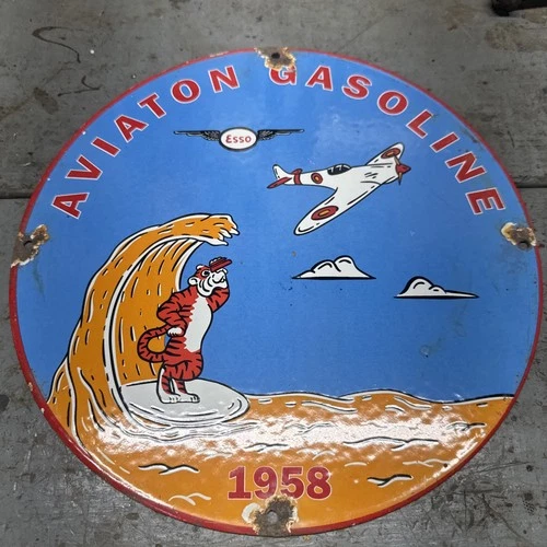 VINTAGE ESSO PORCELAIN SIGN AVIATION GASOLINE 1958 GASOIL PUMP PLATE 12”