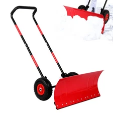 Snow Shovel With Wheels,29" Snow Removal Tool With Metal Blade,Snow Plow With Ad