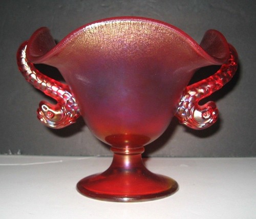Vintage Fenton Iridescence Ruby Red Dolphin Handles Stretch Glass Compote Bowl - Picture 3 of 8