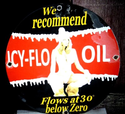 ICY-FLOW OIL, GIRL PORCELAIN COLLECTIBLE, RUSTIC, ADVERTISING 