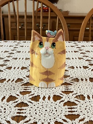 Whimsical Clay Pottery Stoneware Hand Painted Cat Figurine with Bird on His Head
