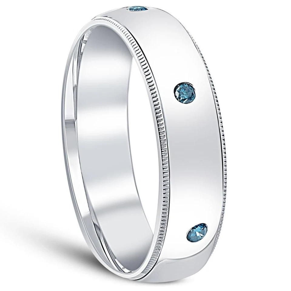 Mens Heat Treated Blue Diamond Wedding Ring 10K White Gold High Polished 6mm - Image 2 of 4