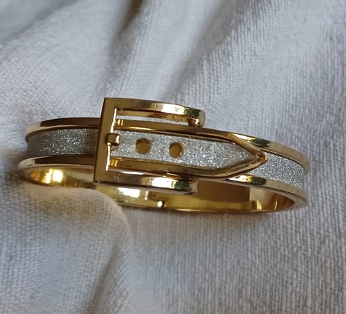 White & Silver Sparkle Goldtone Buckle Hinge Bracelet 3 Adjustable Settings EUC - Picture 3 of 12