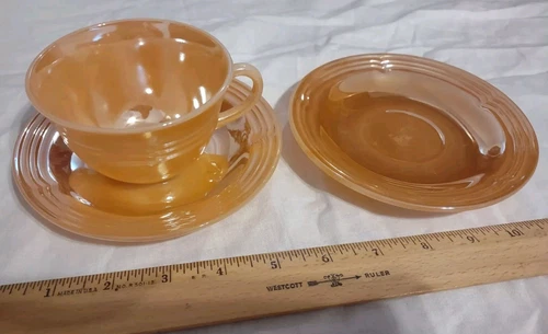 VTG Fire King Peach Luster Coffee Cup & Saucer Lot USA VG Condition 