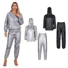 Women's Sauna Suit Hooded Tops with Pants Gym Workout Weight Loss Sweat Suit