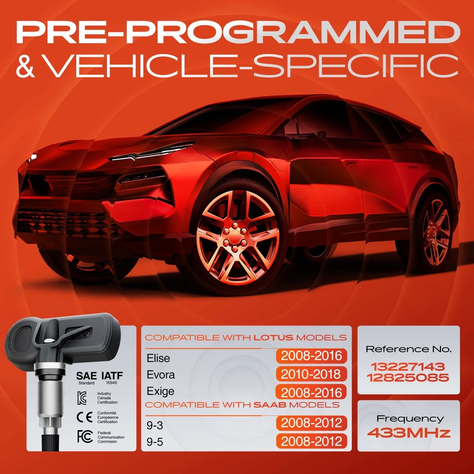 Sensor de monitoreo de presión de neumáticos 4x 433 MHz TPMS para Saab 9-3 2008-2012 9-5 Lotus Foto 2 de 4
