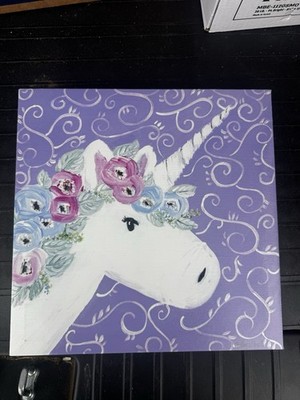 Rosey Ebert Original Signed Fantasy Unicorn Acrylic Painting on Canvas Flowers