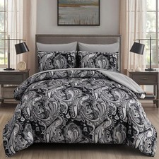 DJY Paisley Comforter Set 7 Piece California King Size Black and Grey