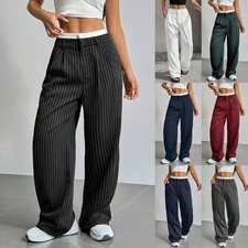 Ladies Casual Striped Loose Straight Legs High Waist OL Pants Trousers PLUS SIZE