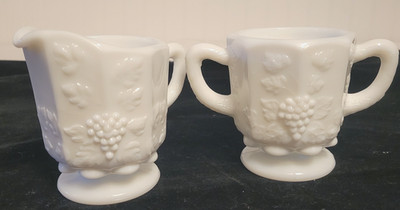 Vintage Westmoreland Grapes White Milk Glass Sugar Bowl & Creamer Set