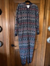 One Piece Jumpsuit Pajamas Fabletics Navy Green Burgandy Stripe Size L Unisex