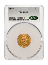 1889 Gold Three Dollars $3 Indian Princess Head CACG AU 58 CAC