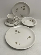 Syracuse China Atomic Gold Star Restaurant Ware 5 Pc Place Setting Vintage MCM
