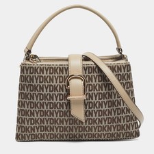 Borsa DKNY beige firmata in tela e pelle Deena con manico superiore