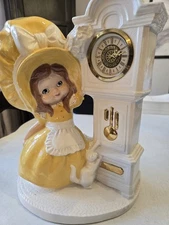 Vtg Ceramic Byron Molds  Grandfather Clock With Girl Bonnet, Cat, 1974