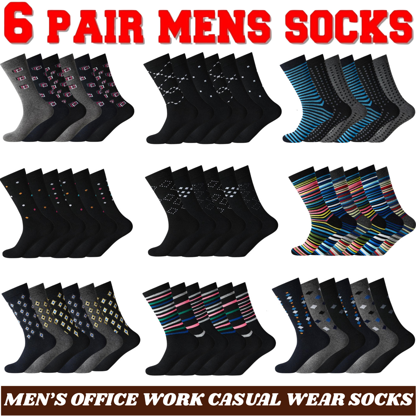 Calcetines de diseñador para hombre adulto 6 pares de calcetines deportivos de trabajo mezcla de algodón talla UK 6-11