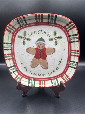 Julie Ueland Christmas 8 1/2 Inch Square Platter Gingerbread Man White Red Green