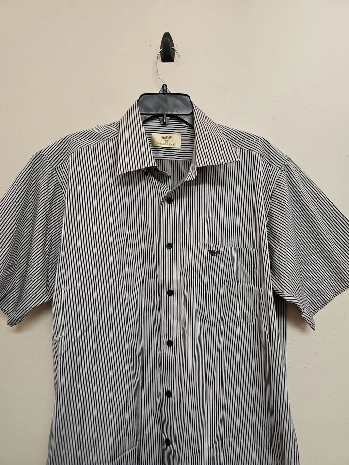GIORGIO ARMANI Men's Vintage Shirt Short Sleeve Striped Print.Size 17 35-36 - Image 2 of 4