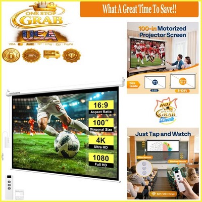 100 Inch Motorized Projection Screen 4K HD with Remote for Home Theater