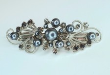 VTG Platinum Faux Pearl Rhinestone Hair Clip Barrette in Velvet Pouch RARE COLOR