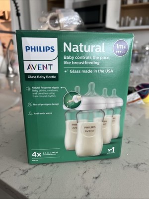 4 Pack Philips Avent Natural Glass Baby Bottles with Natural Response Nipples 1M