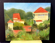  Oil painting Landscape  post-impressionist style, houses with red roofs 10X 12"