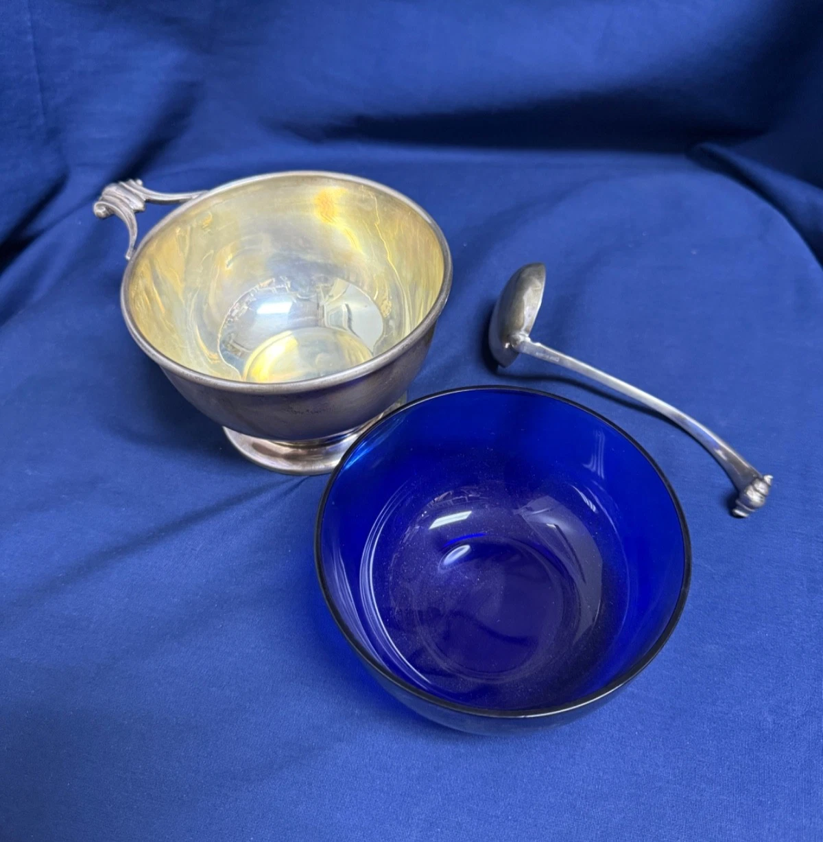 Cartier Sterling Silver Salt / Sauce Bowl w Cobalt Blue Glass Liner & Ladle