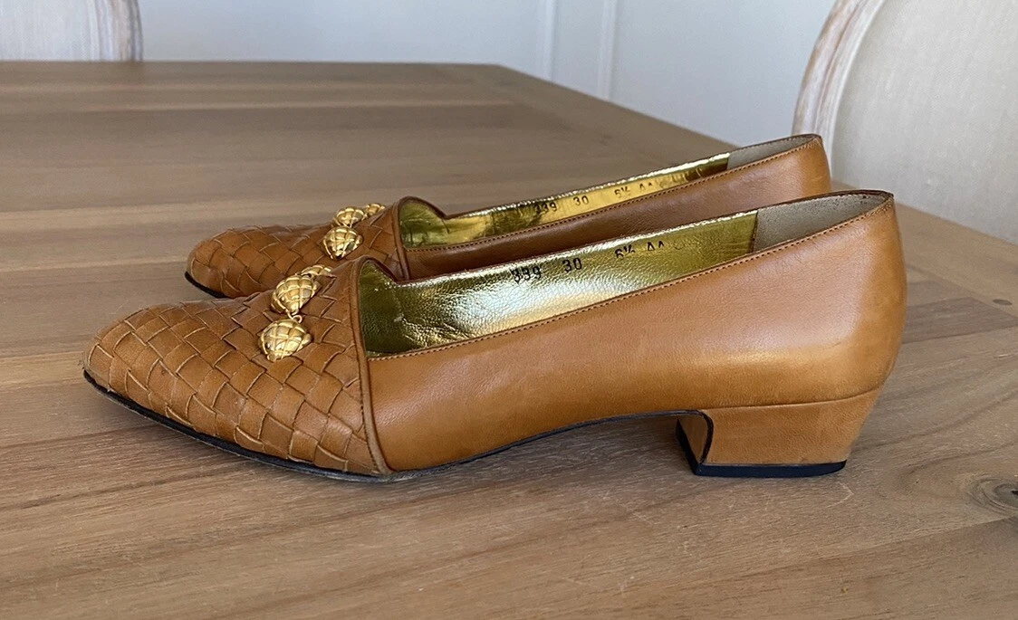 Bottega Veneta Mocassini in pelle taglia 6 5 accenti oro tessuto cammello vintage