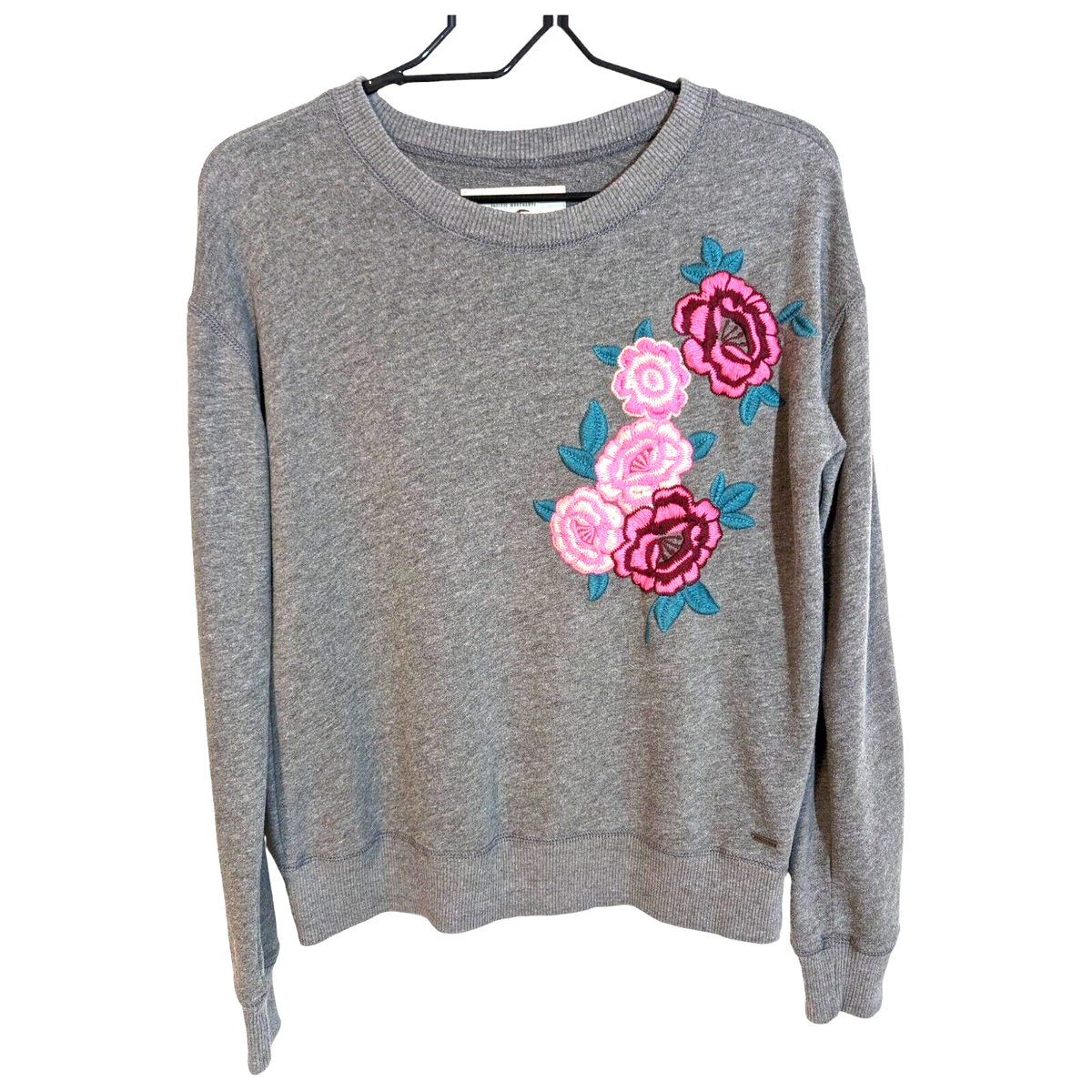 Hollister Pullover Sweatshirt Gray w/ Pink Roses Long Sleeve Size