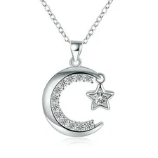 Moon and Star with CZ Stones Pendant Necklace Sterling Silver