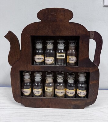 Vintage Tea Pot Wooden Spice Rack With Original Bottles