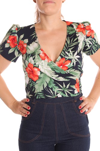 Hawaiimuster retro rockabilly Blüten Kurzbluse Wickel Bluse - Picture 5 of 10