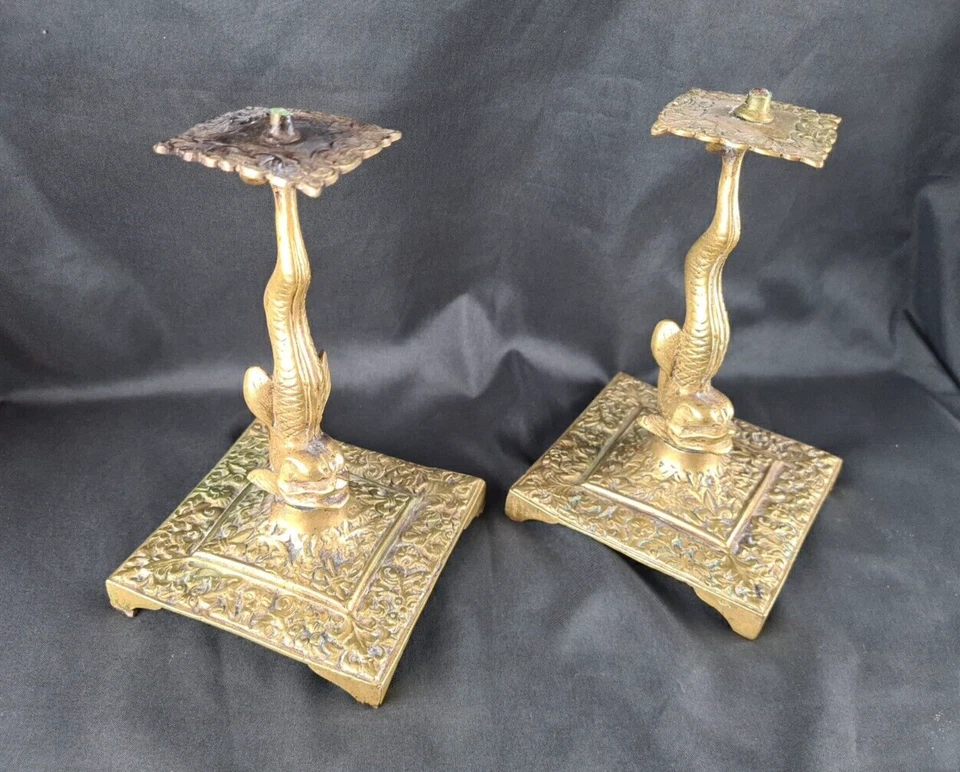 Paar Antike Messing Fisch-Kerzenständer wohl um 1800 Kerzenhalter alteHandarbeit - Bild 3 von 4