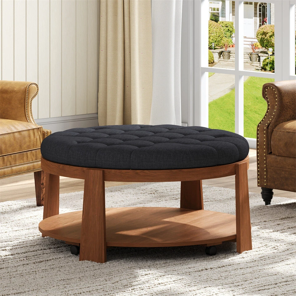 Large Round Tufted Ottoman w/ Wheels & Storage, Waterproof Coffee Table, Linen - Image 3 of 4