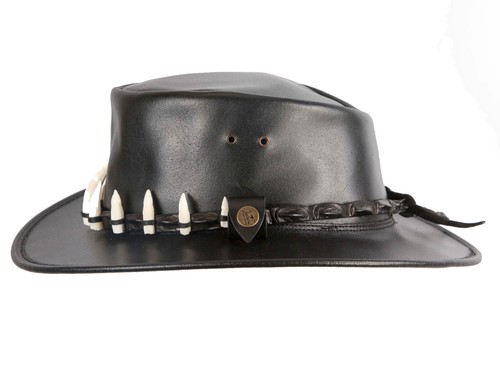 Black Australian Jacaru Outback Leather Hat 11 Crocodile Teeth Crocodile Dundee - Picture 7 of 10