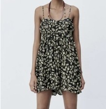 ZARA Metallic Floral Jacquard Romper Women  s Small Spaghetti Strap Black Box G
