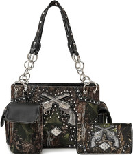 Floral Tooled Leather Camouflage Western Horse Purse Wallet Set